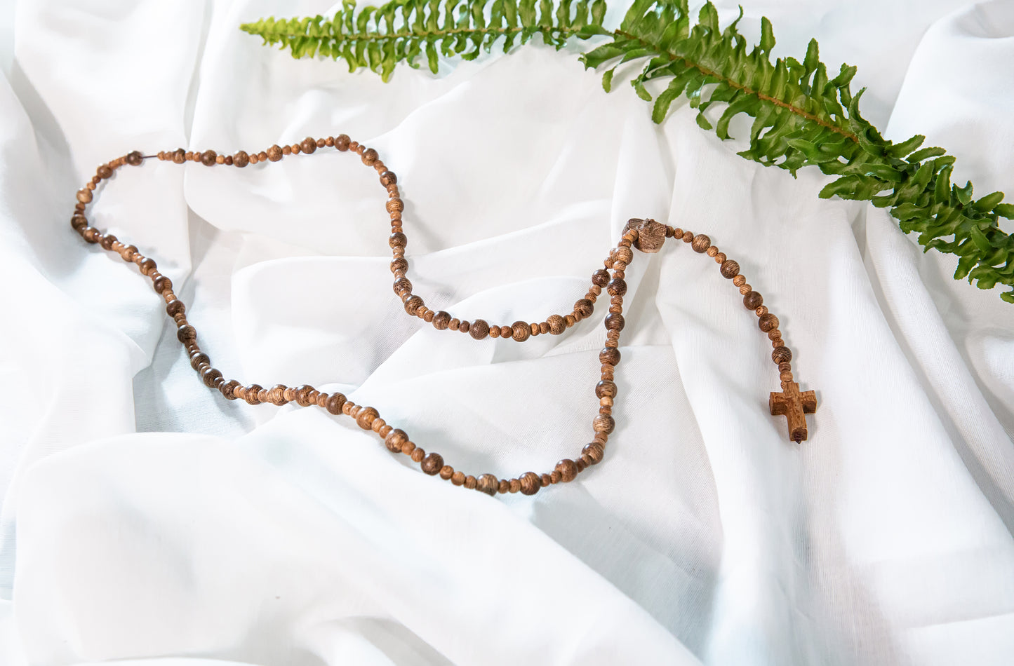 Agarwood Necklace with Rosary Heart and Cross Pendant (NL4)