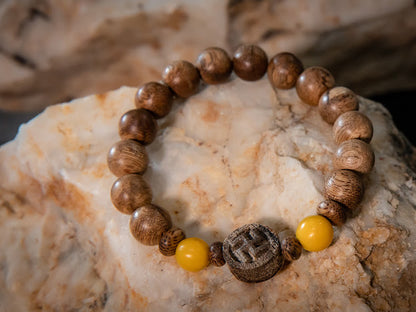 Agarwood Bracelet with Swastika charm and Yellow Coral (BL7)