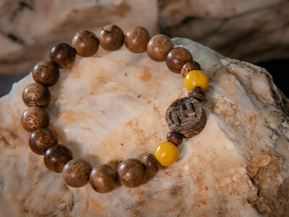 Agarwood Bracelet with Swastika charm and Yellow Coral (BL7)