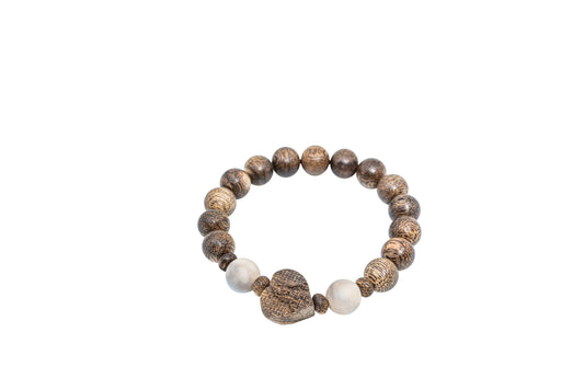 Agarwood Bracelet with White Coral and Rosary Heart Charm (BL9)