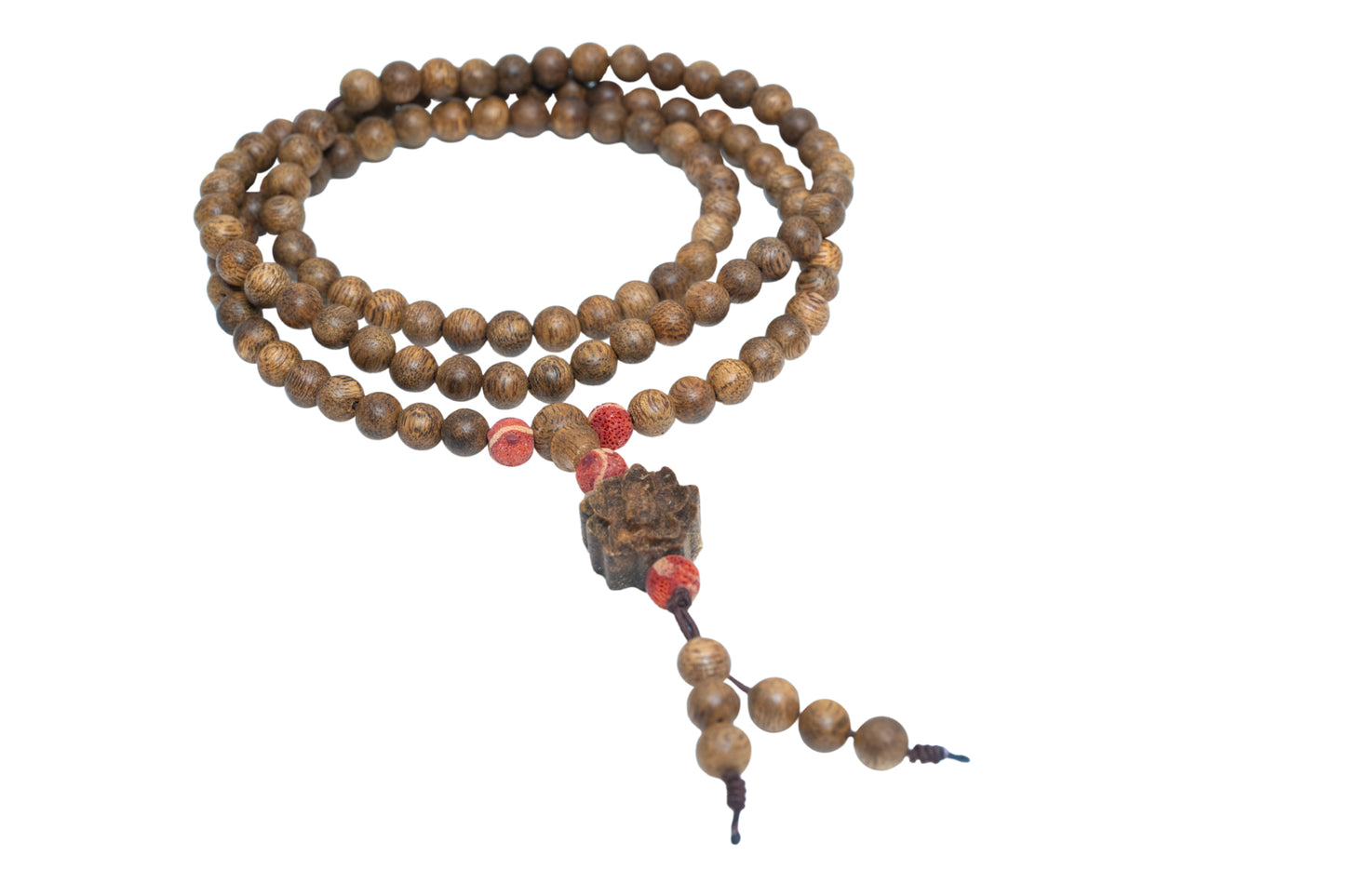 Agarwood Necklace 108 with Red Coral and Lotus Charm (NL2)