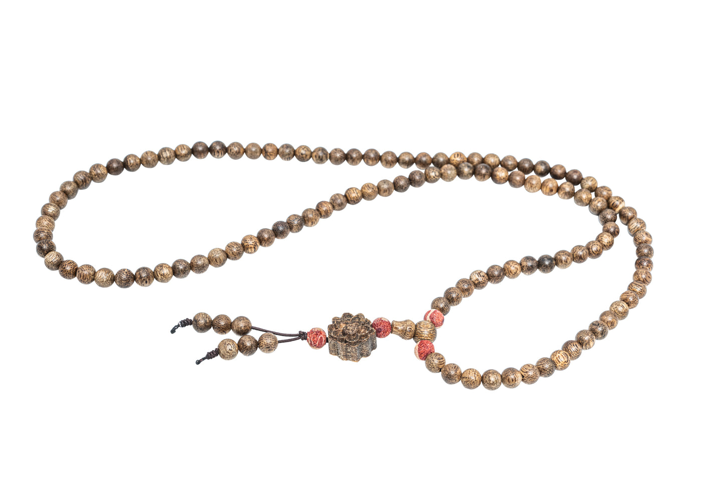 Agarwood Necklace 108 with Red Coral and Lotus Charm (NL2)