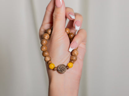 Agarwood Bracelet with Swastika charm and Yellow Coral (BL7)